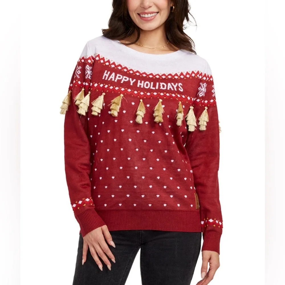 Tipsy Elves Happy Holidays Tassel Ugly Christmas Sweater -‎ Size XL - Red - NWT - Image 11