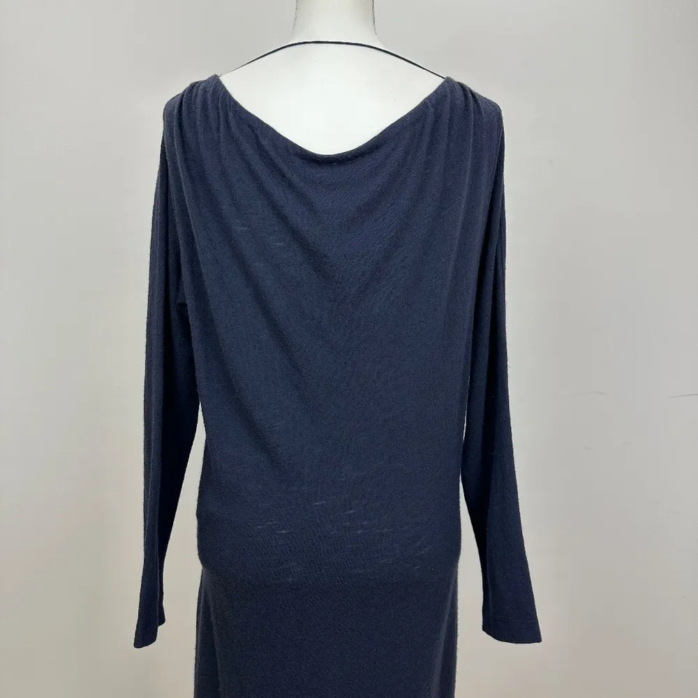 Hanii Y Wool Dress Long Sleeve Draped Navy Blue Round Neck Minimalist Medium. - Image 4