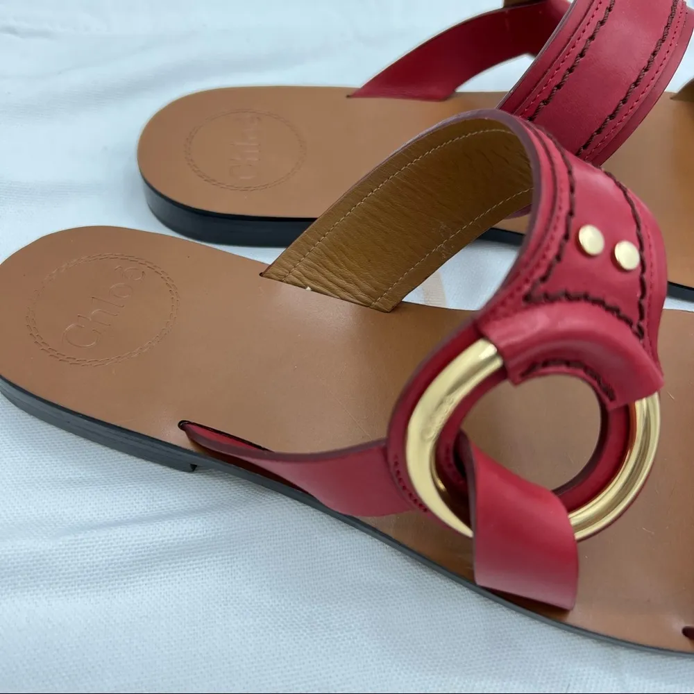 CHLOE Demi Leather Slide Flat Sandals Size EU 39.5 US 9.5 Red Tan Gold hardware - Image 4