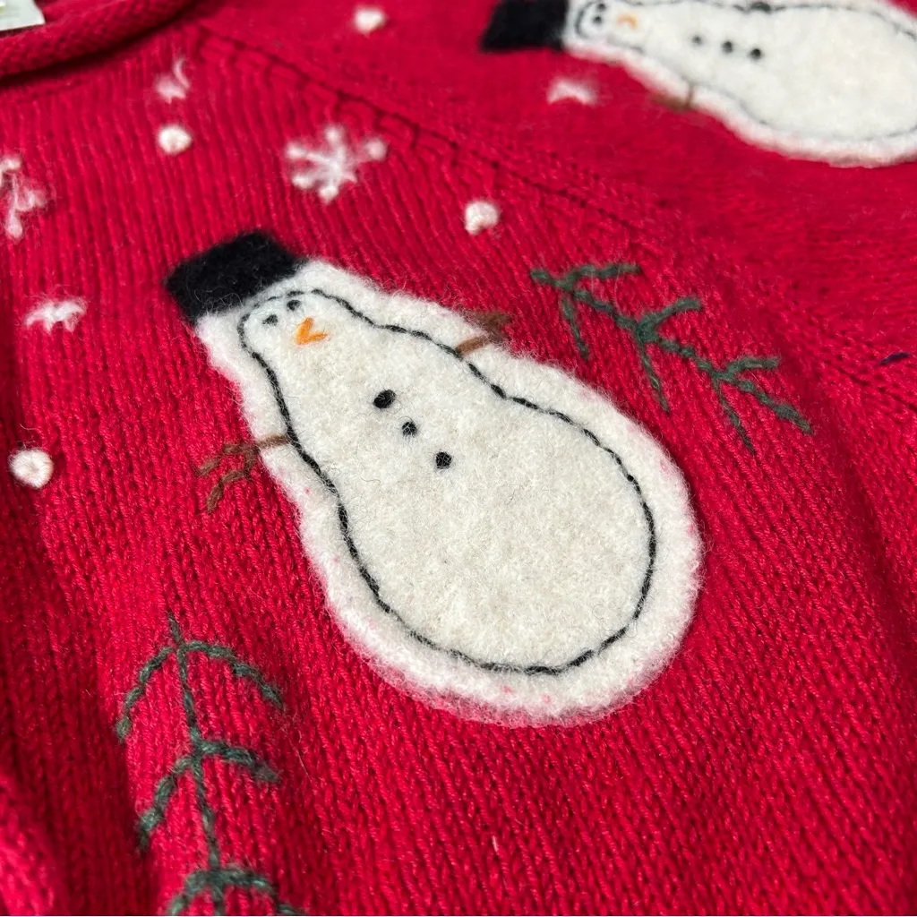 Susan Bristol Vintage Snowman Cardigan Sweater PL Red Embroidered Appliqué Large - Image 2