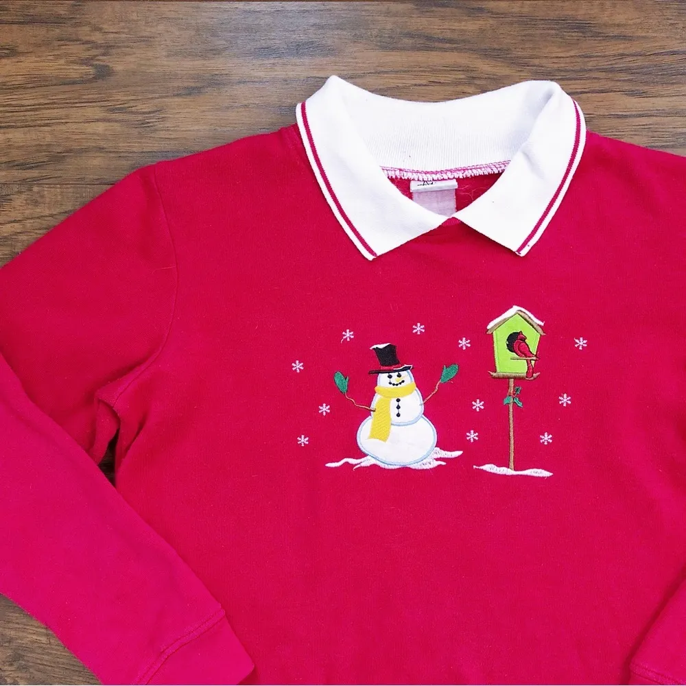 vintage • 80s Christmas sweatshirt pullover snowman collared red ugly sweater - Image 2