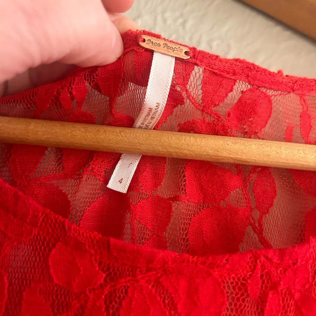 FREE PEOPLE Red Mesh Floral Lace Overlay Dress Size 4 - Image 12