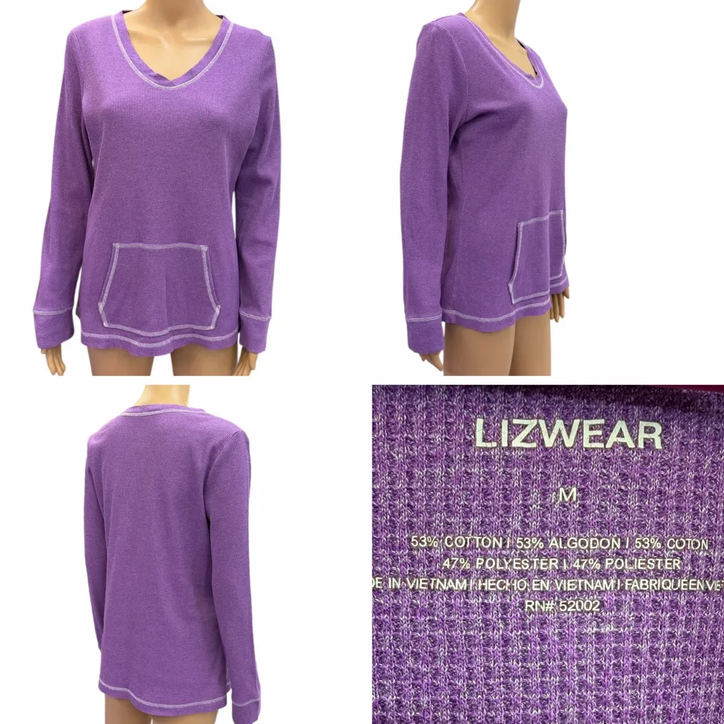 Lizwear purple thermal waffle knit long sleeve v neck top kangaroo pocket Medium - Image 2