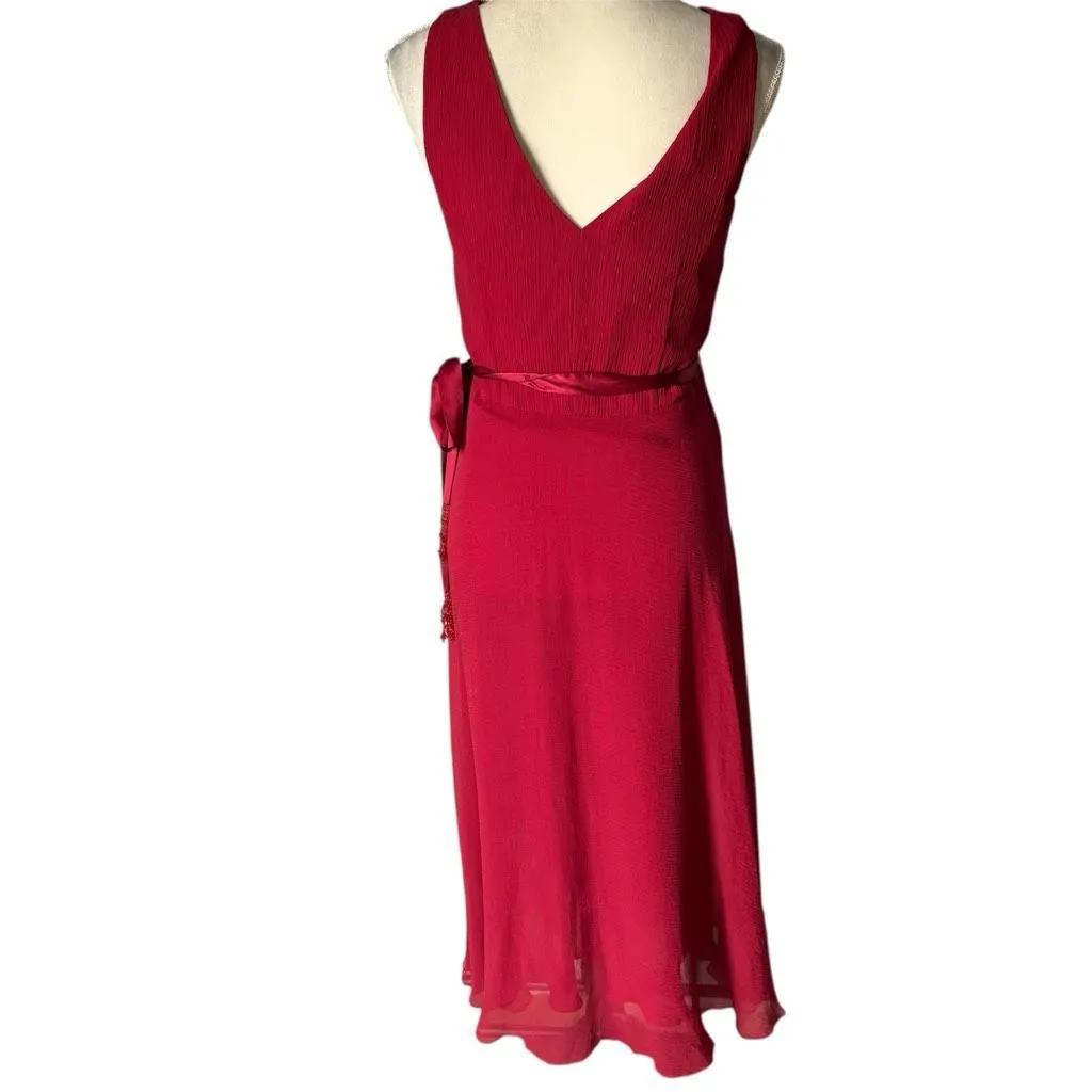 Donna Morgan Red A-line Silk Midi Evening Dress size 8 with Beaded Sash - Image 2