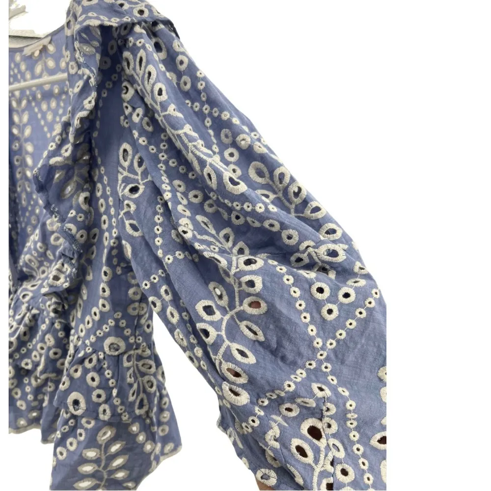 Olivaceous eyelet embroidered ruffle top cropped flirty romantic blue white S - Image 2
