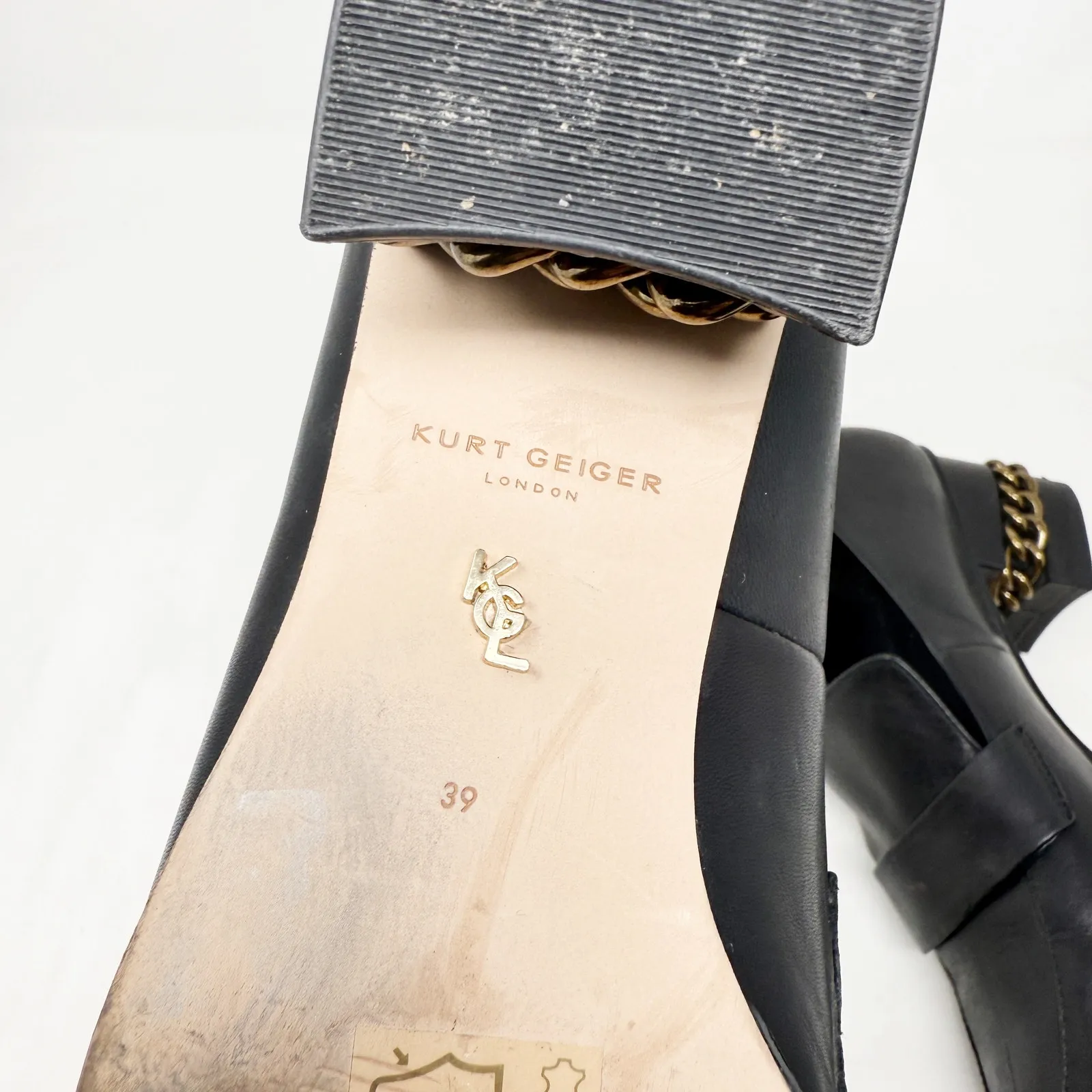 [Kurt Geiger London] Black Raquel Block Heel Leather Loafers Chain Sz 39 US 8.5 - Image 11