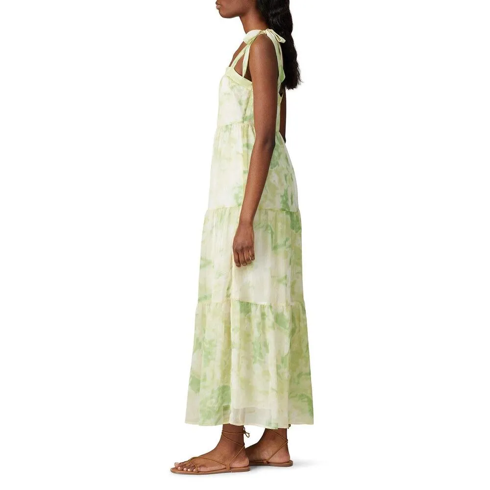 Line + Dot Palm Green Tie Dye Print Square Neck Tie Strap Tiered Maxi Dress Sz L - Image 2