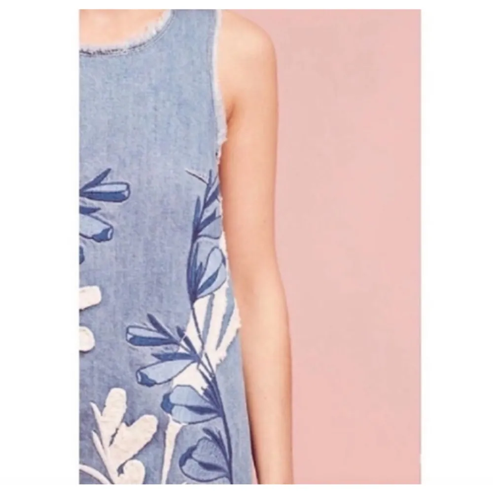 Anthropologie Holding Horses Denim Leaves Appliqué Mini Shift A-line Dress, XS - Image 4