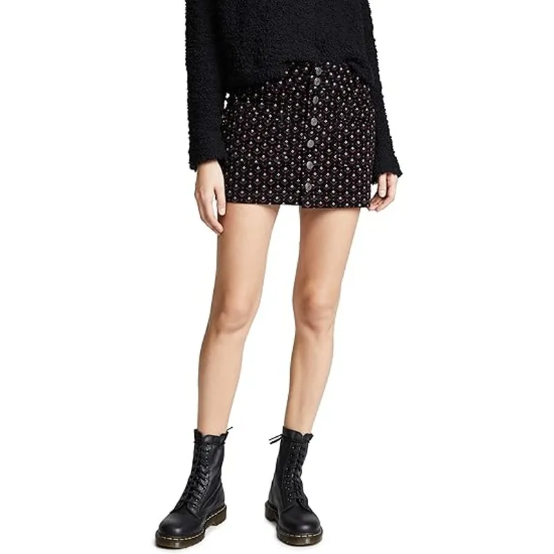 We the Free People Womens Skirt‎ Sz 29 Black Print Joanie Corduroy Mini Buttons - Image 2