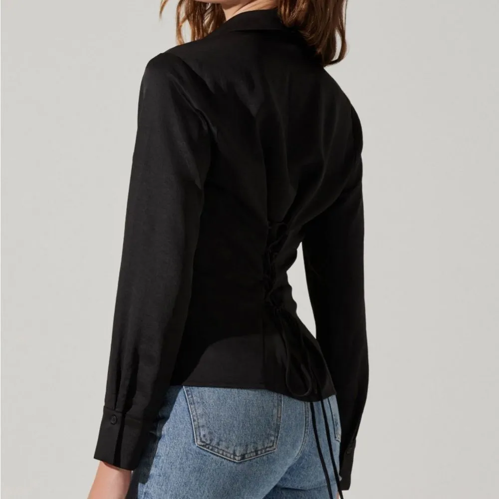 Astr the Label Black Button Down Top Size S Tie Back Corset Witchy Whimsigoth - Image 4