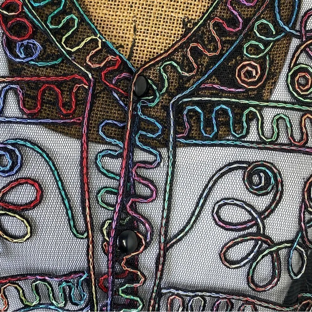 Jeannie‎ Rainbow Embroidered Sheer Button Front Cardigan Shirt Black Medium Black - Image 9