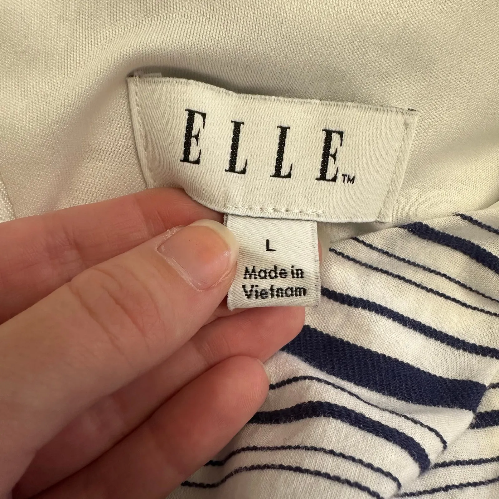 ELLE Women’s Striped Jumpsuit L Navy White Belted Wide Leg Cropped Summer Outfit - Image 2