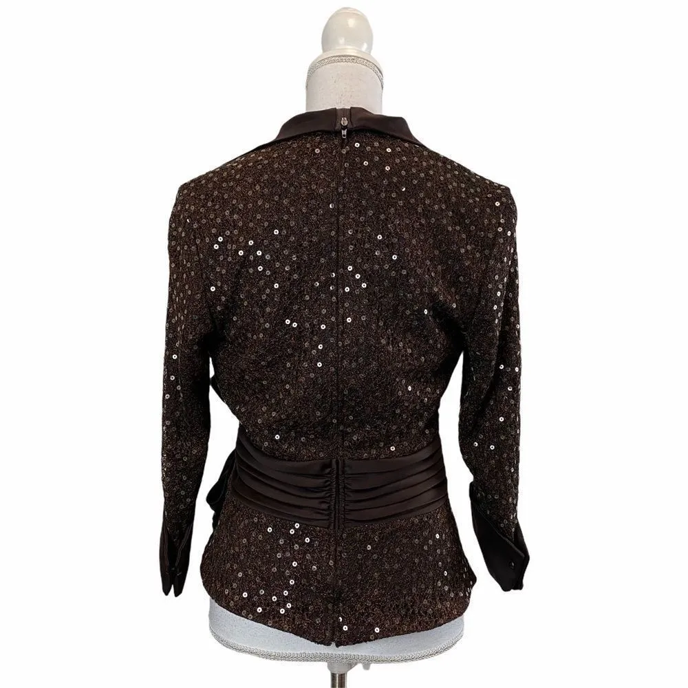 Tadashi Shoji Collection Brown Collared Sequins Zip Back Evening Elegant Jacket - Image 3