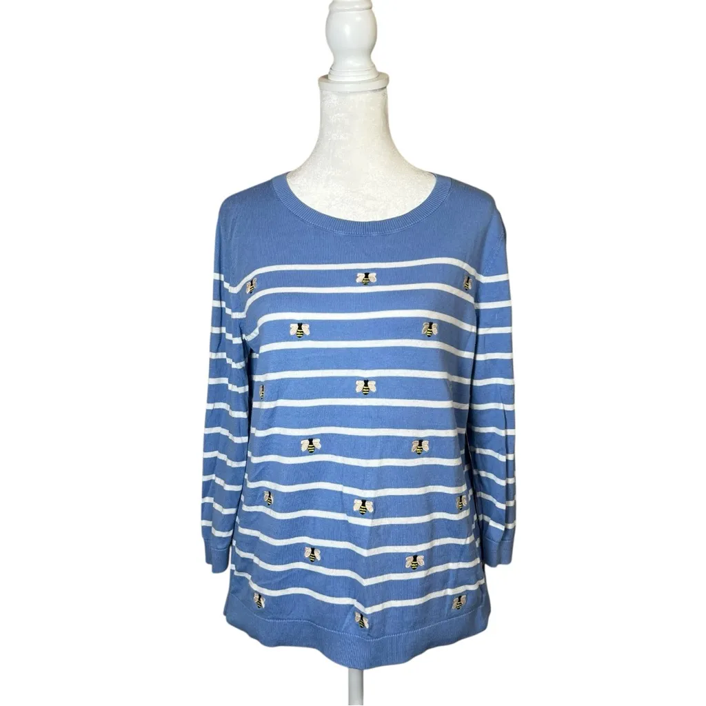 Talbots Blue Striped Embroidered Bee Sweater Top Womens Sz M Preppy 3/4 Sleeve - Image 6