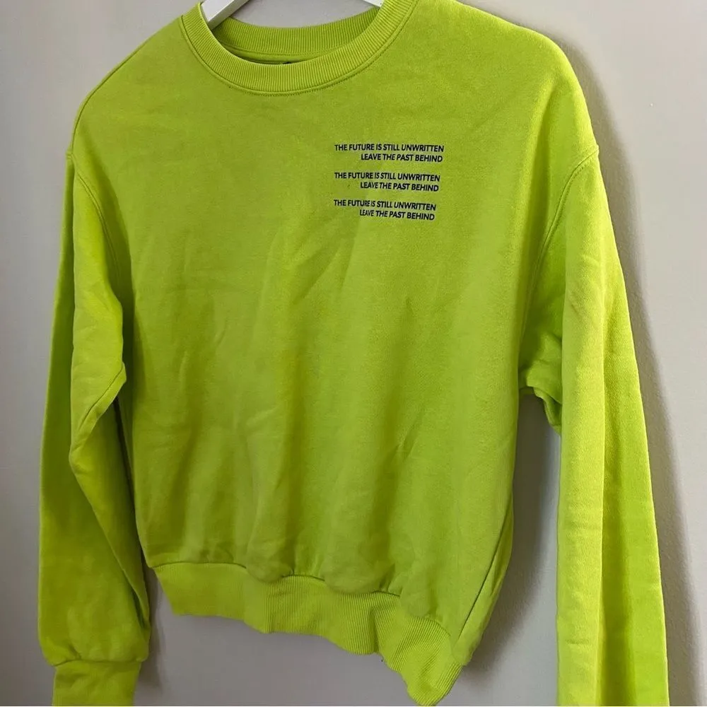 Divided Sweatshirt Cropped Crewneck Neon Green Safety Yellow Quote Graphic Comfy - Image 2
