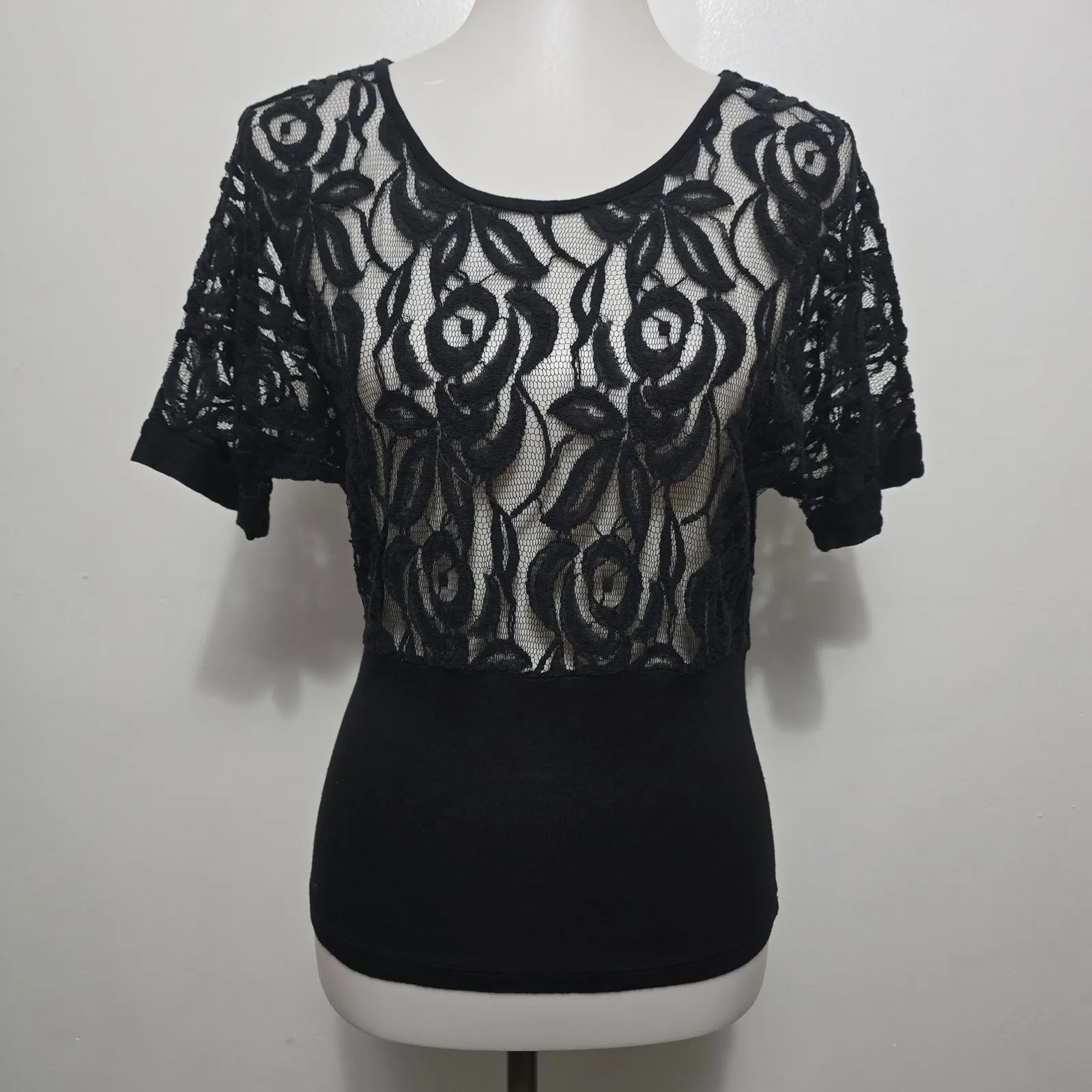 Vanity Y2K Black Sheer Lace Rose Sheer Top Size S Whimsigoth Witchy Feminine - Image 2