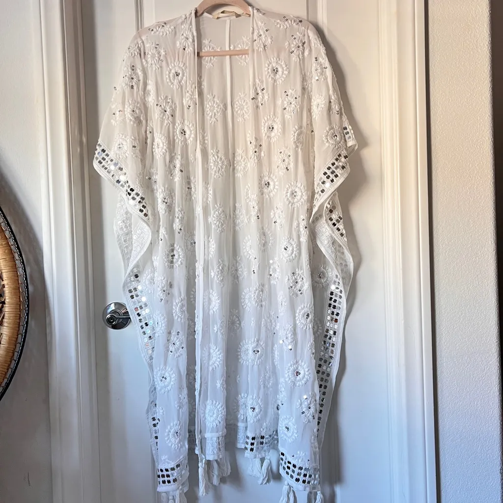 Soft Surroundings Athena White Floral Embroidered Sequin Open-Front Coverall OS - Image 3