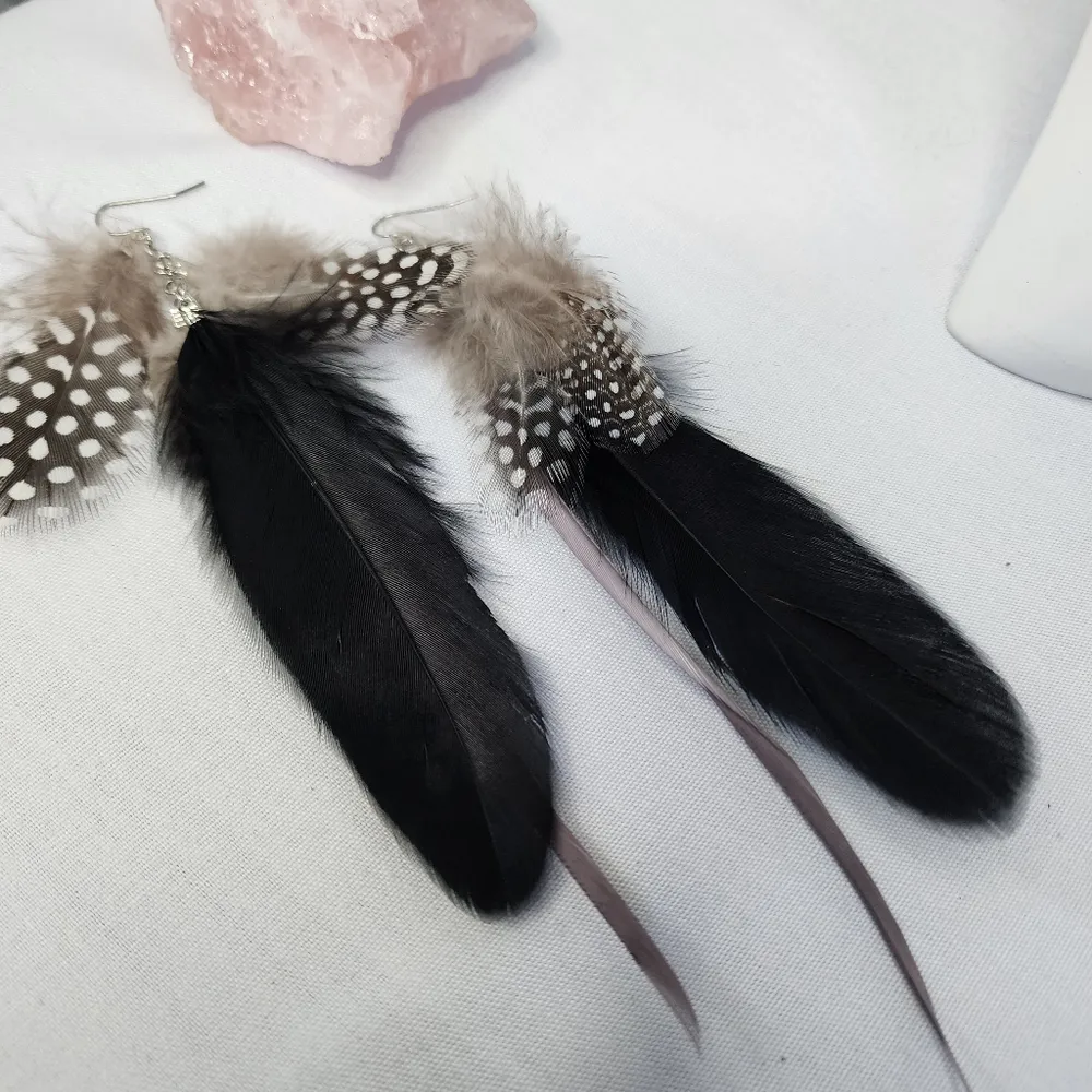 Boho Long Black Real Feather Earrings - Image 2