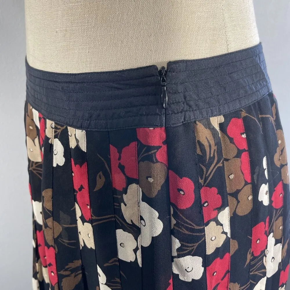Nine West Women Silk Pleated Floral A Line Skirt Size 6 Black Red Side Zip Lined - Image 3