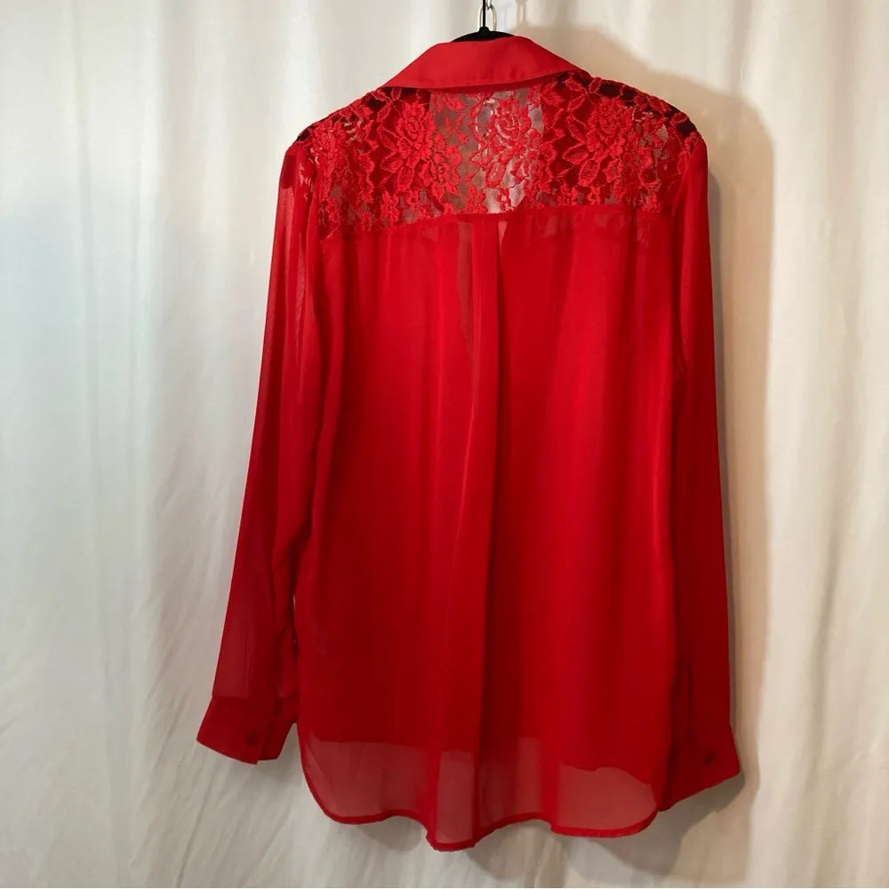 Olsenboye Red Lace Lightweight Button Up Blouse Top - Image 11