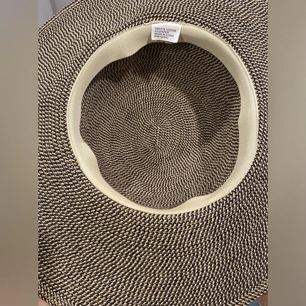 Tan & Black Straw Wide Brimmed Beach Adjustable Sun Hat - Image 6