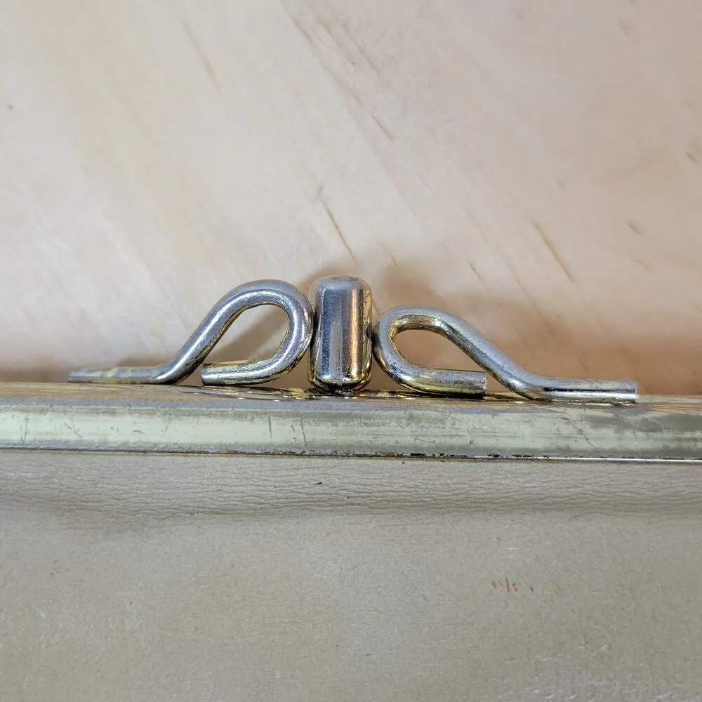 Vintage Ladies Wallet 8" Cream Beige Velvet Cowhide Gold Kiss Lock Checkbook Brown - Image 3