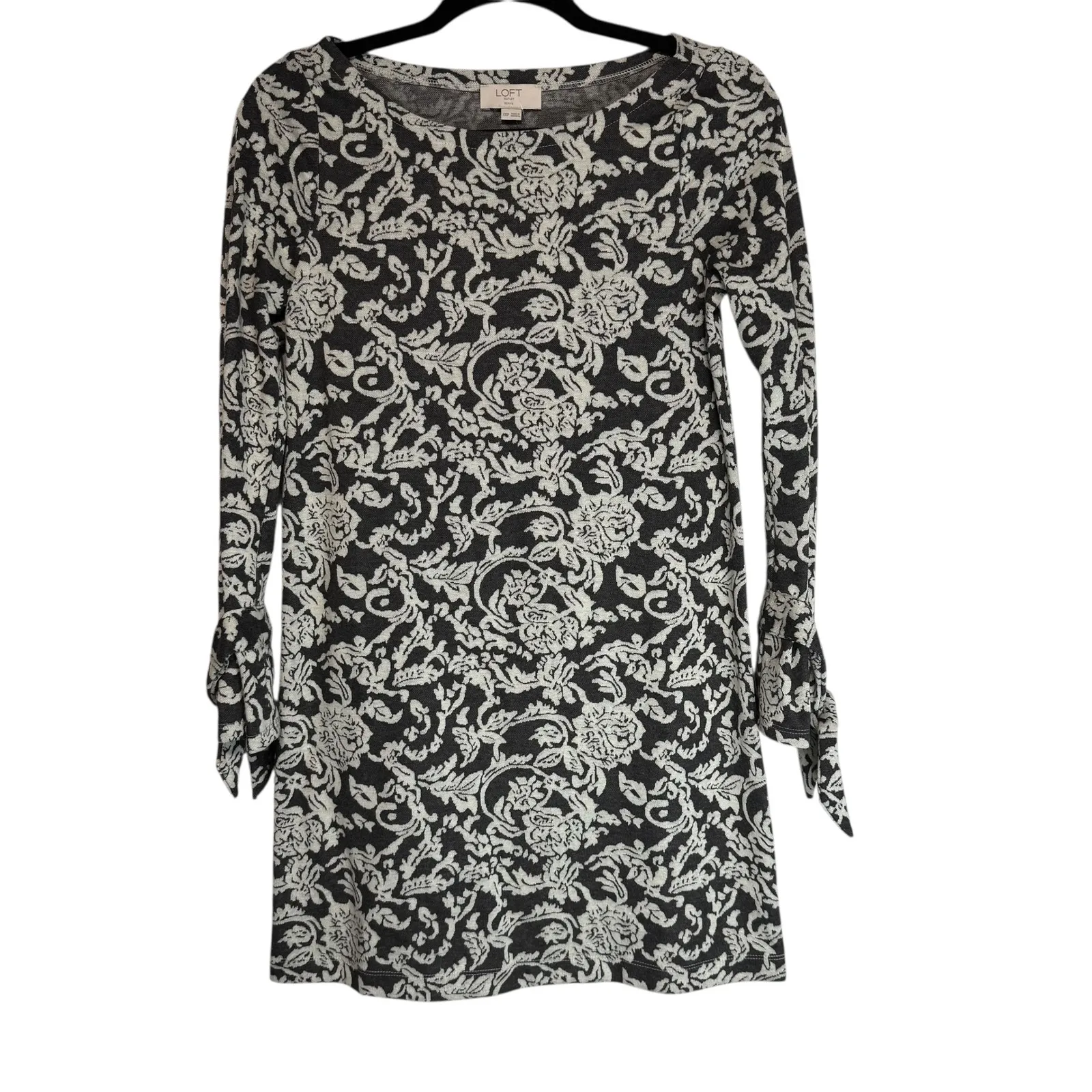 LOFT Outlet Petite Gray White Floral Print Long Sleeve Shift Dress XXS - Image 9