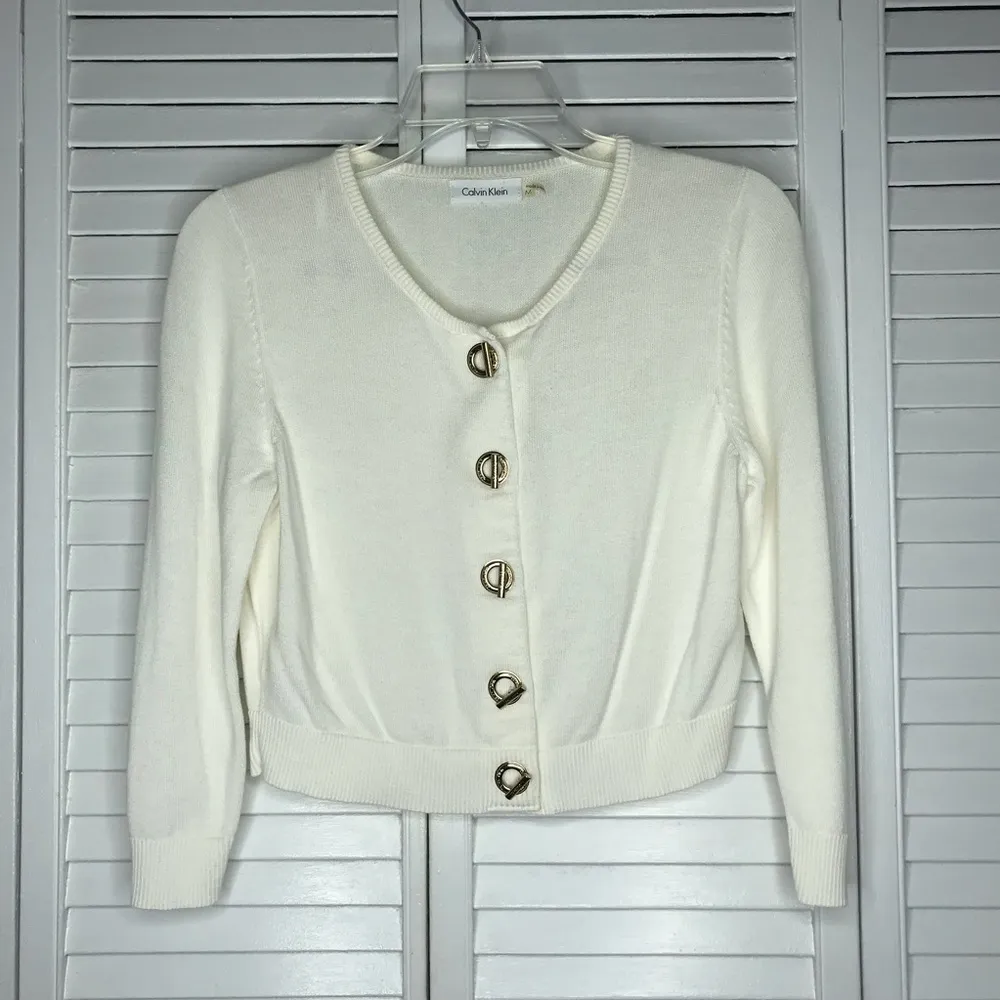 💋Calvin Klein Cream 3/4 Sleeve Cropped Cardigan M - Image 2