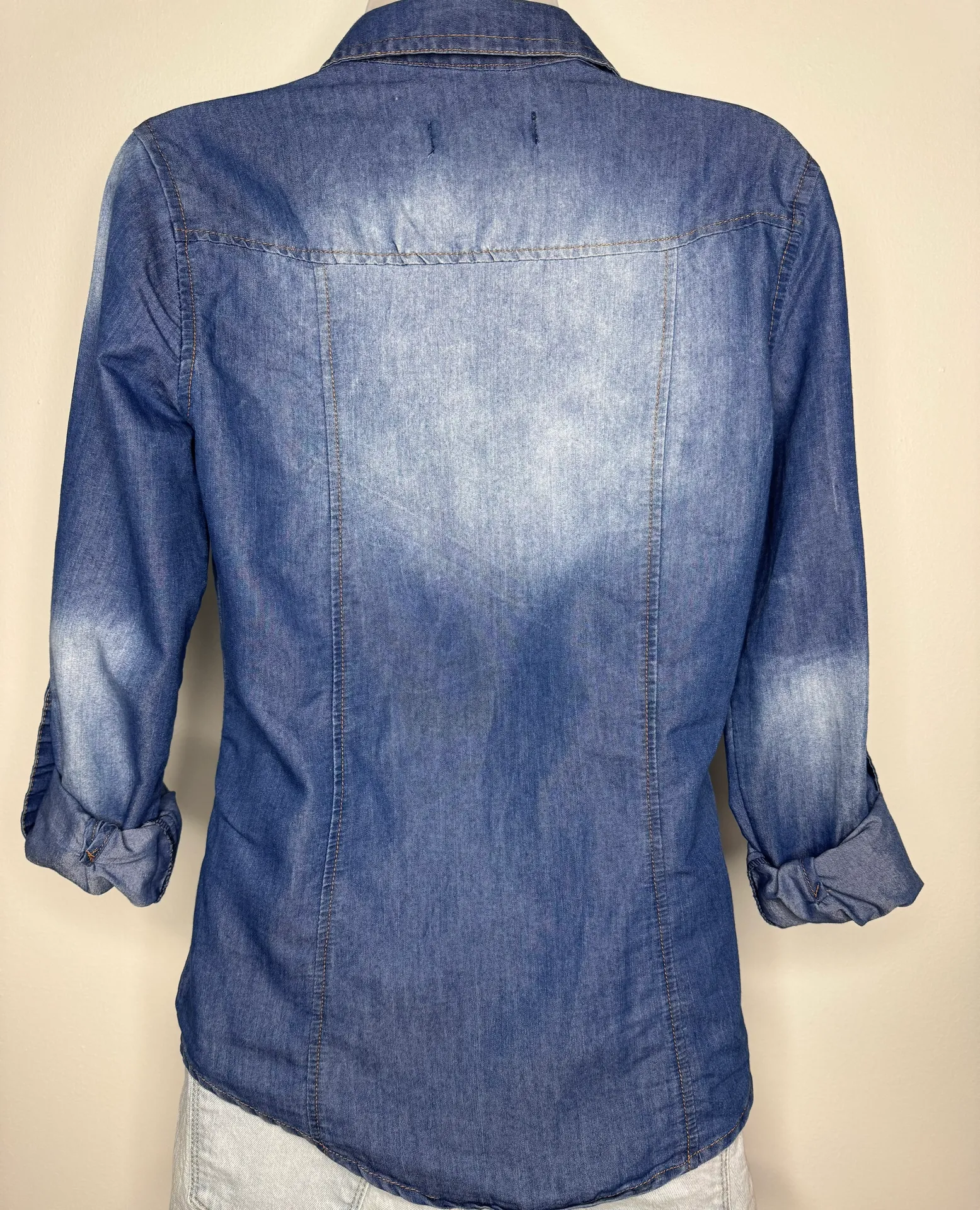 Denim Collection Embroidered Rose Button Down With Roll Tab Sleeves, PS - Image 7