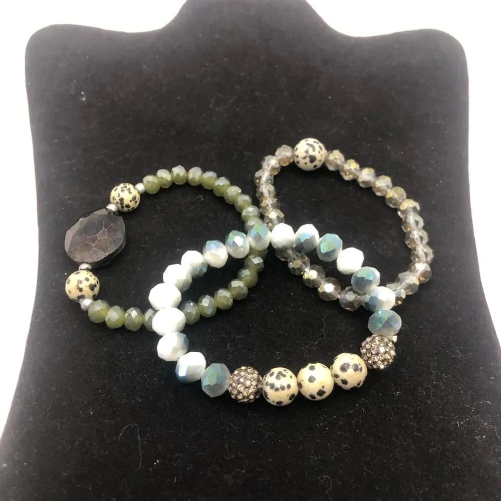 3 Set Gemstone Speckled Sparkling Beads Multi Size Gemstones Stretchy Bracelets Brown - Image 2