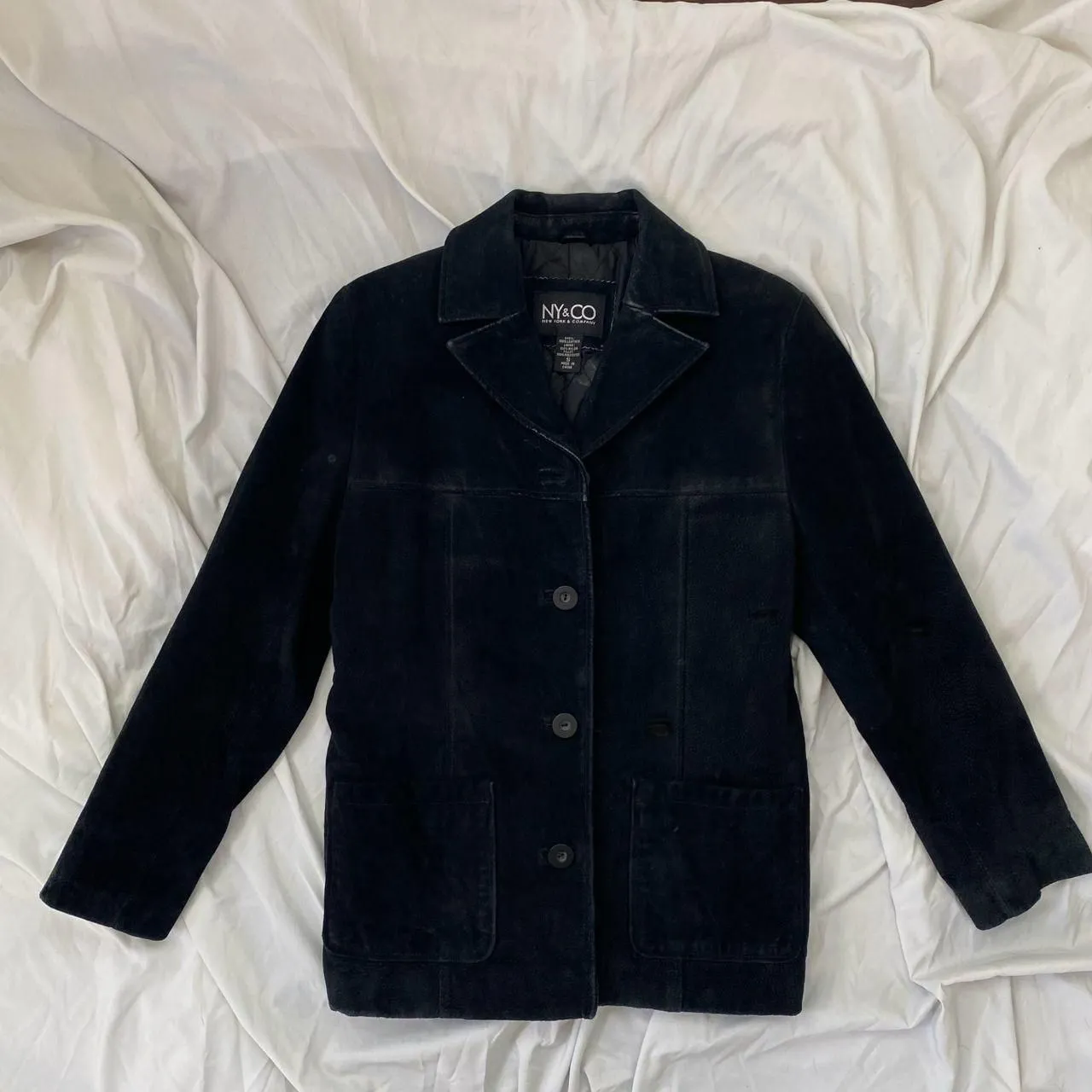 NY & Co Vintage Black Suede Tailored Button Up Elegant Boho Leather Jacket S - Image 2