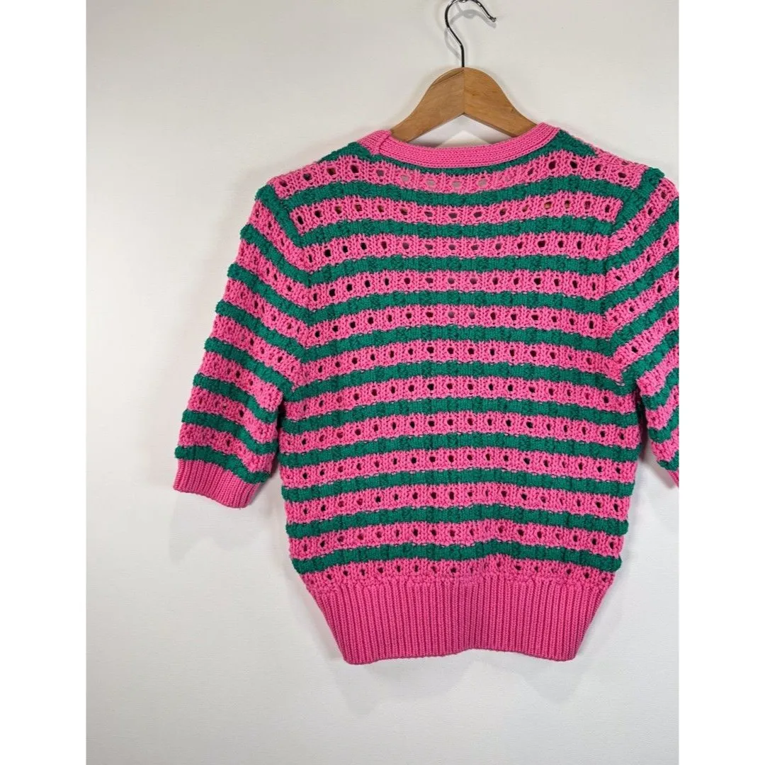 NWT ZARA Womens Cardigan Pink Striped V Neck Cropped Short Sleeve Sweater Small - Image 8