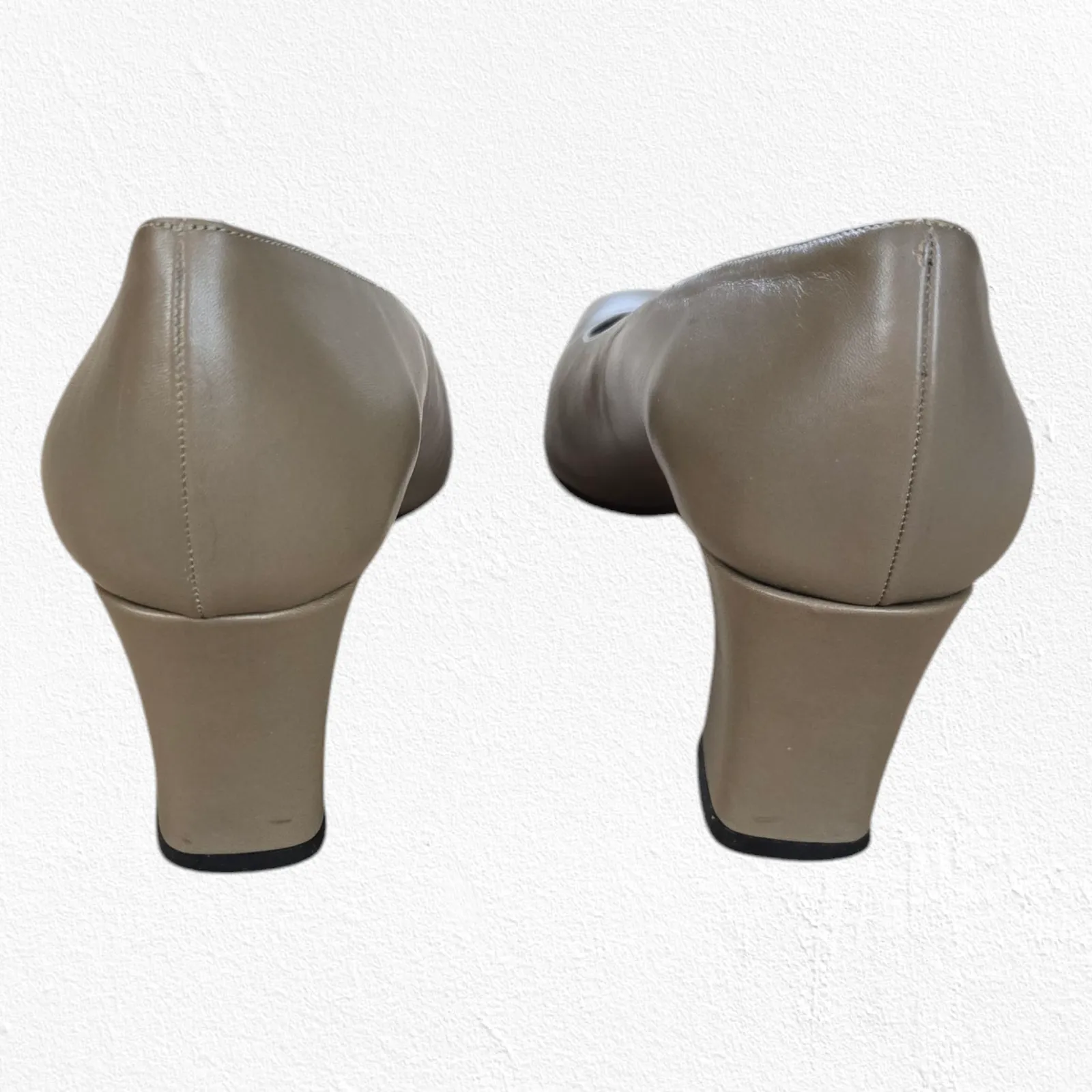 Vintage 80s Sesto Meucci Tan Taupe Square Toe Block Heel Leather Pumps Size 9.5 - Image 4