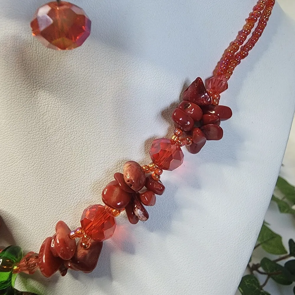 Glass Pendant on Orange Sead Bead and Natural Stone Necklace Earrings Set Red - Image 6