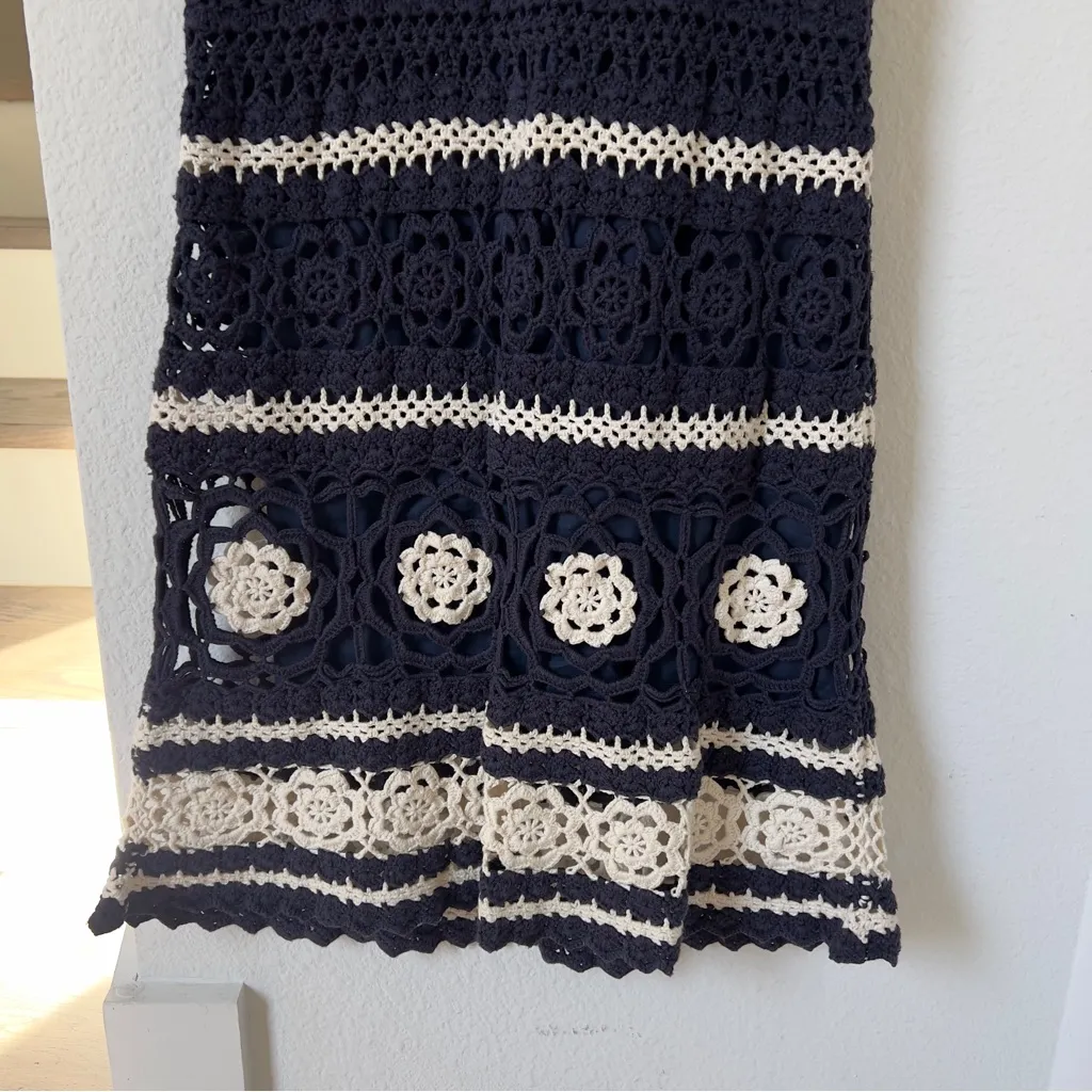 TORY BURCH Navy Blue White Cotton Sleeveless Crochet Floral Mini Dress - Image 3