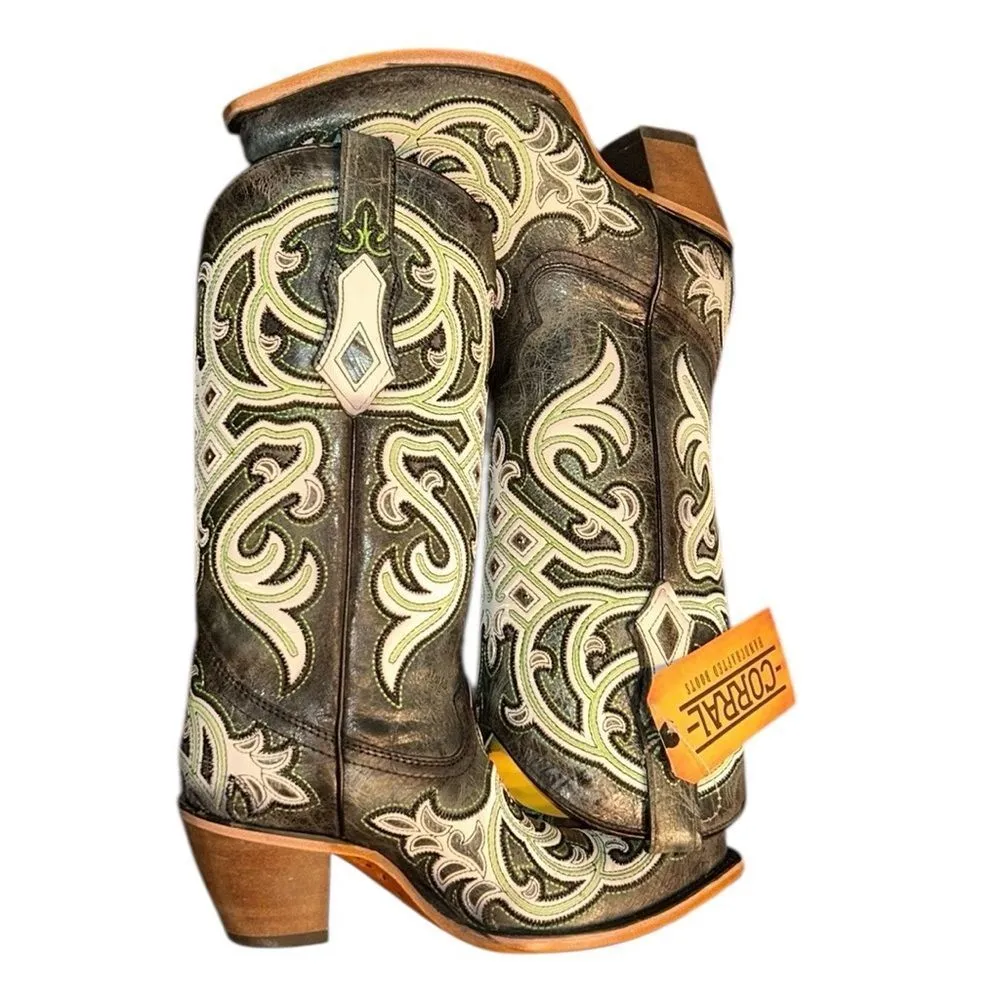 Corral  Leather Green/Gray Embroidered Overlay Western Pull On Boots(Size 8.5) - Image 4