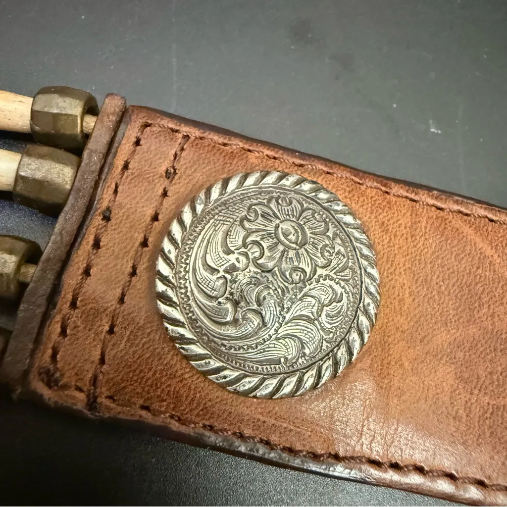 NOCONA Genuine Leather Beaded Bone & Conch Western Bohemian Belt NO BUCKLE Brown - Image 13