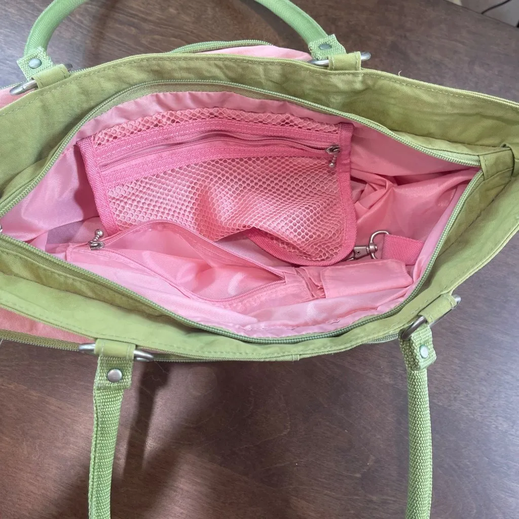 baggallini Zip Around TOTE Double Strap Travel Beach Bag Green Pink Nylon Expand - Image 5