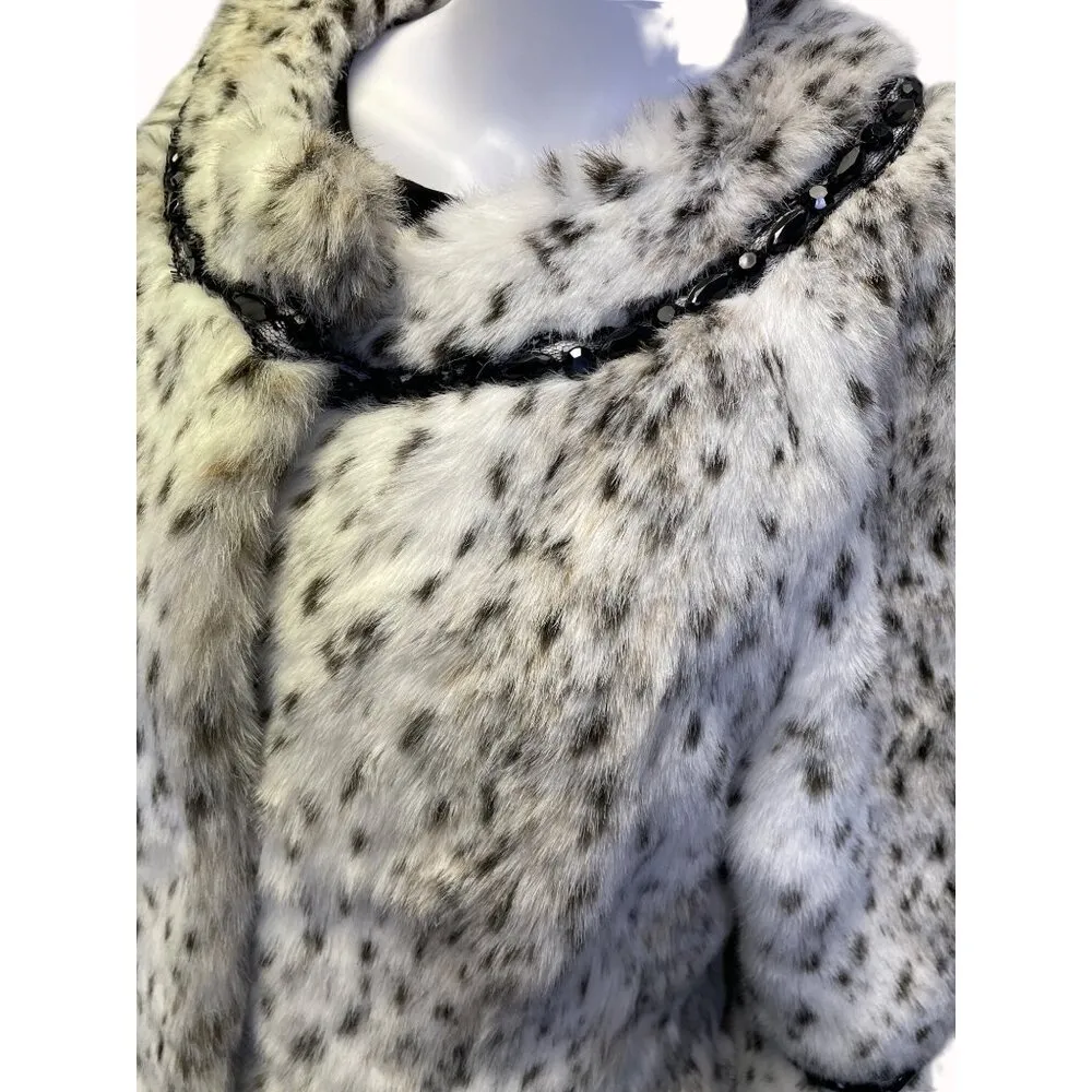 Terry Lewis Classic Luxury Faux Fur Coat Women's White Leopard Size PS SKU 5694 - Image 2