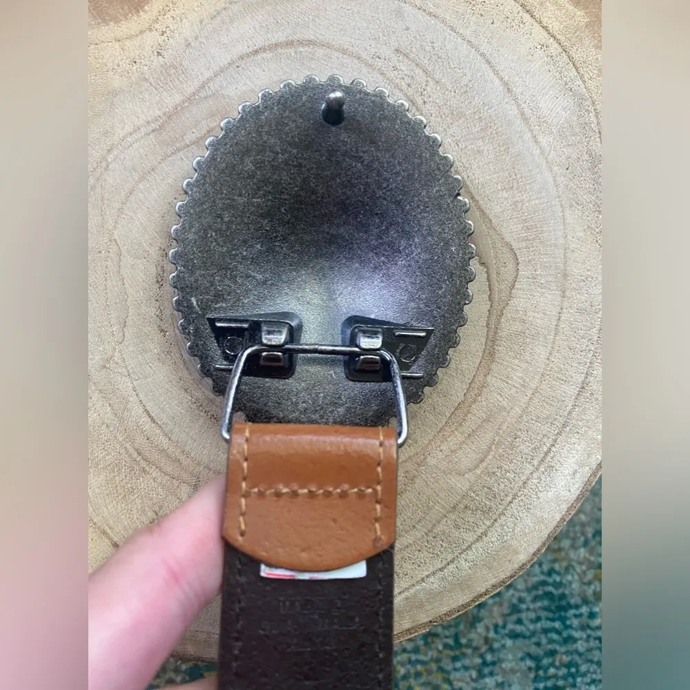 90s/Y2K western turquoise beaded buckle leather belt, size XL Brown - Image 3