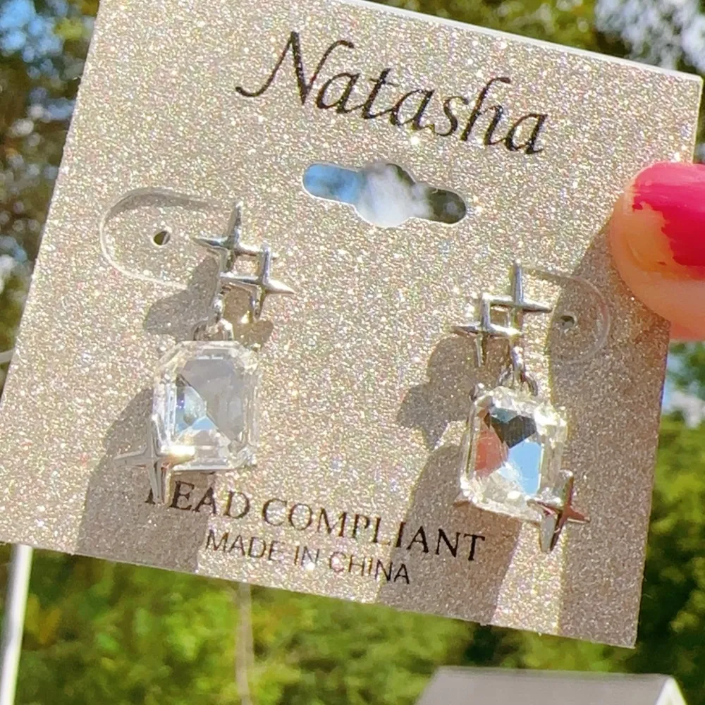 Natasha crystals silver stars drops earrings White - Image 2