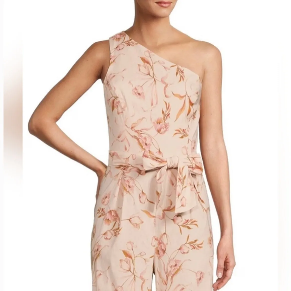ANTONIO MELANI Pink Floral One Shoulder Jumpsuit Belted Linen Blend Size‎ 0 New - Image 4
