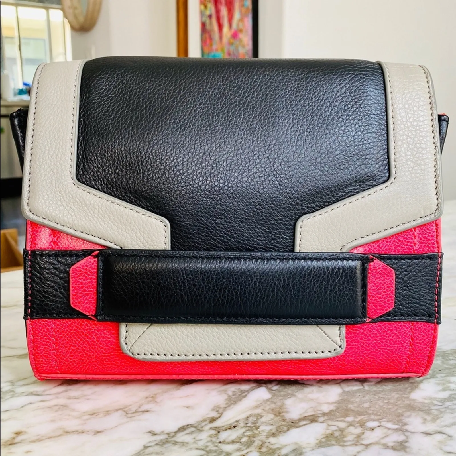 Vince Camuto "Geri" Leather Colorblock Crossbody Purse in Pink Black Grey - Image 2