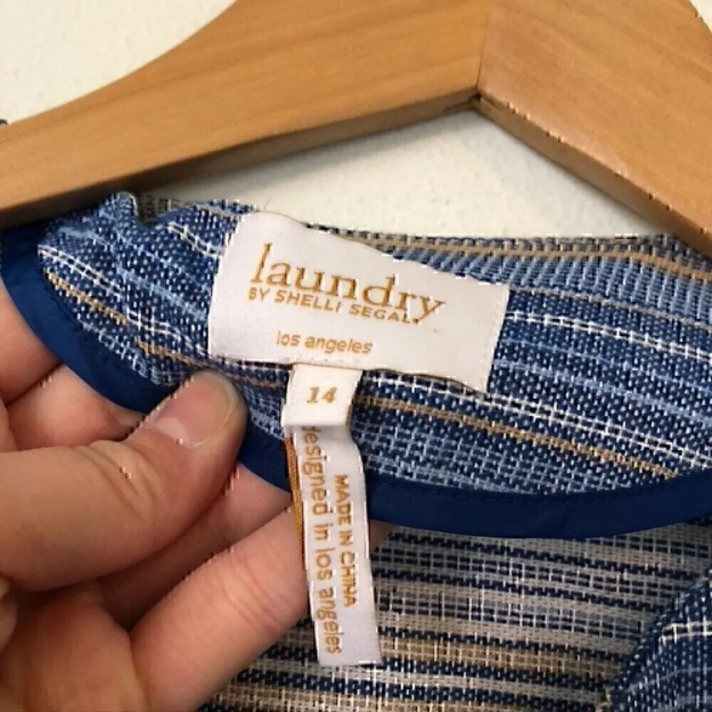 LAUNDRY BY SHELLI SEGAL Blue White Tan Striped Tweed Open Front Blazer Jacket 14 - Image 6