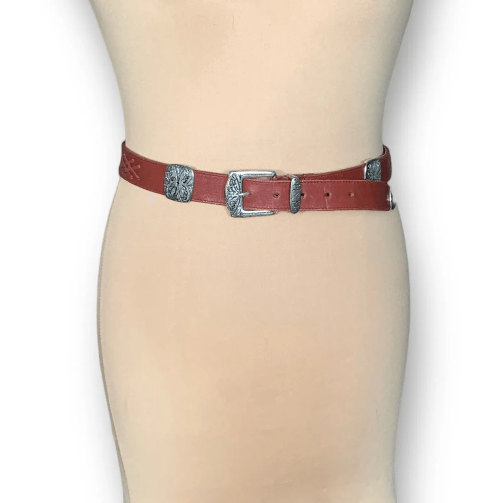 Vintage Latigo Full Grain Leather Belt Concho Accents Western Tooled Silver - Image 5