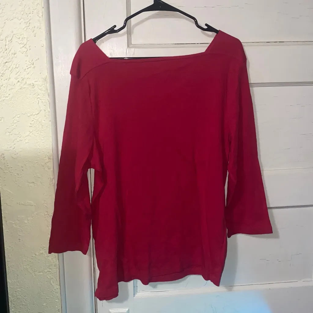 Chico’s Red Wide Neck Stretchy “The Ultimate Tee” With Button Up Side Slit - Image 2