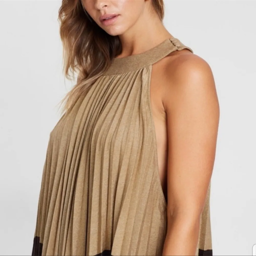 Free People Womens Pleated Love Metallic Mini Dress Gold and Brown Size XS - Image 3