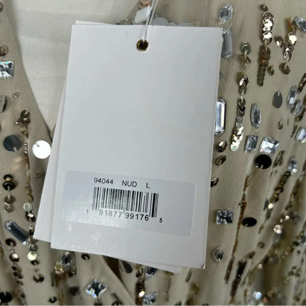 Mac Duggal Cape Back Fringe Beaded Robe Dress Size Large Style #94044 in Nude - Image 11