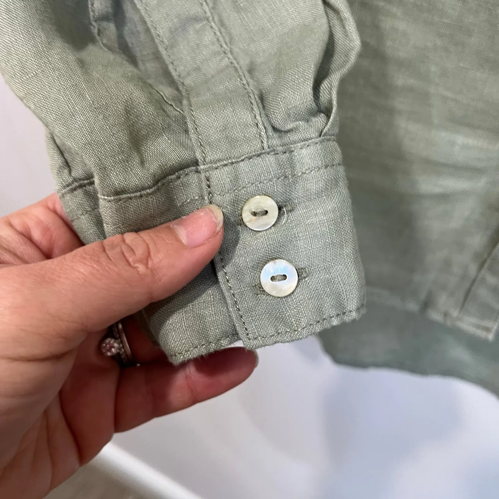 Sigrid Olsen 100% Linen Shirt Size L Green Button Up Coastal Grandma Chic - Image 4