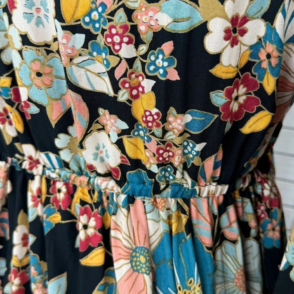 Angie Boho Floral Lace Trim Neck Tunic Blouse Black Multi Medium - Image 7